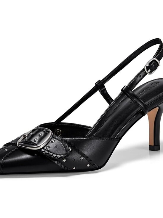 Coutgo Shoes - Coutgo Women's Black Close Pointed Toe Slingback Buckle Ankle Strap Heels Shoes